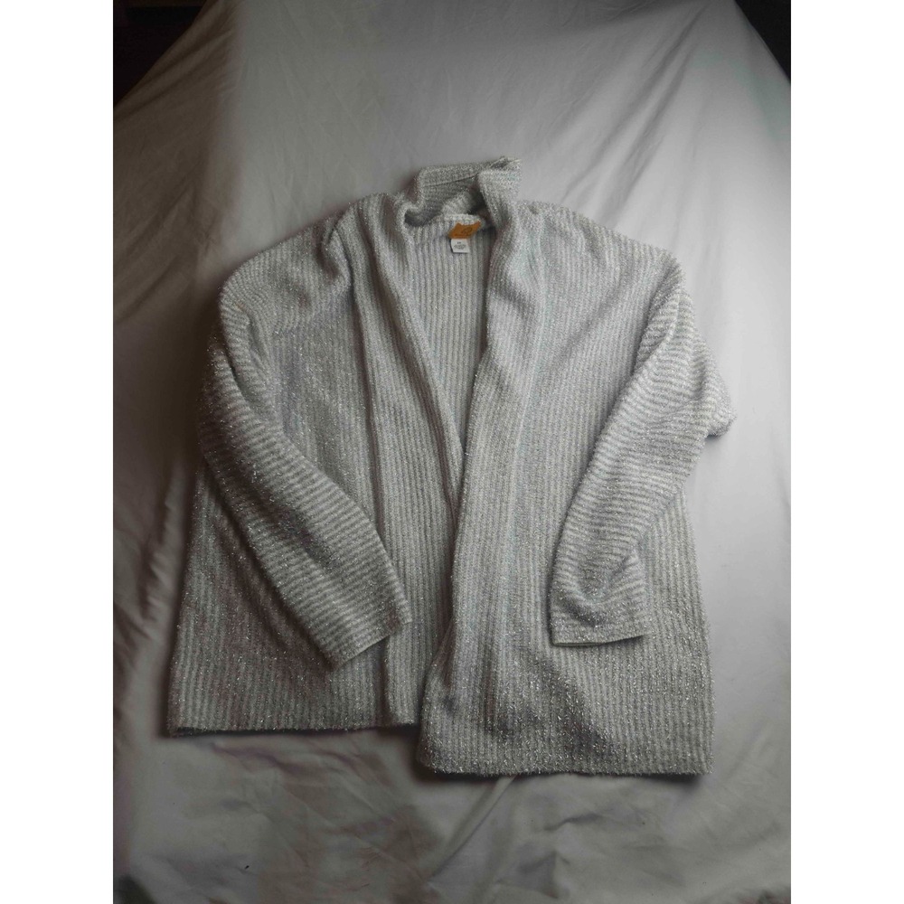 Ruby Rd Cardigan Sweater Womens 2X Silver Knit Metallic Cozy Festive Shimmer